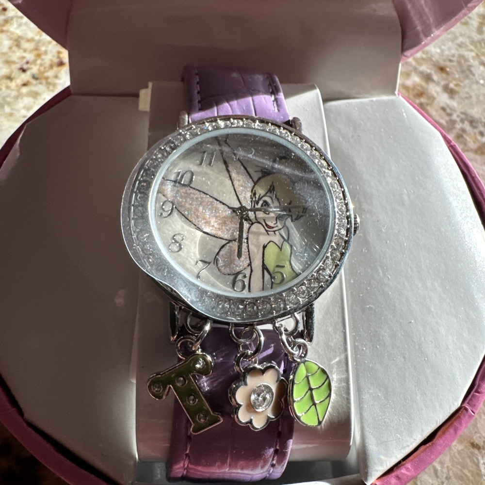 Walt Disney Tinker Bell Ladies Crystal Flower Charm Purple Leather Watch NIB